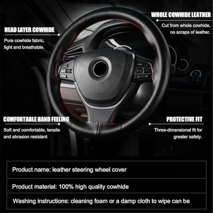 Genuine Leather Steering Wheel Cover, Stitch On Wrap for Steering Wheel up to Diameter 15 Inches, DIY Sewing Steering Wheel Protector, Car Accessories (Black, Glossy) - size: Glossy