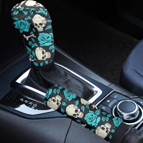 AFPANQZ Car Hand Brake Gear Cover and Gear Head Shift Knob Protectors Blue Rose Skull Print Car Interior Supplies Car Decoration Accessories for Women Ladies Men - color: Blue Rose Skull