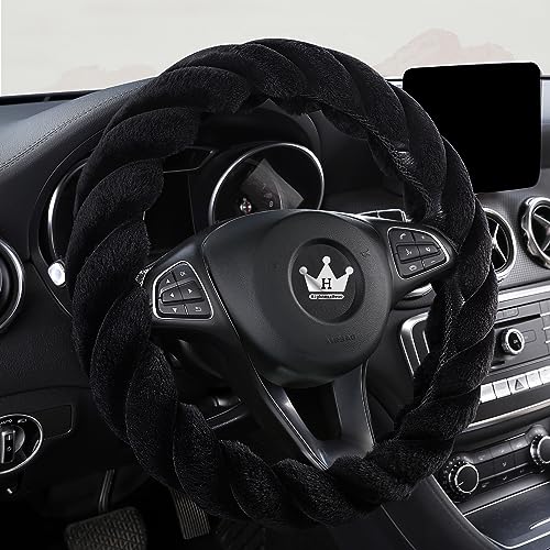 Luxury Fluffy Winter Car Steering Wheel Cover for Women Soft Warm Cute Auto Handle Cover for Jeep, Truck, Van, F150, Fuzzy, Anti Slip, Black, Large Size, 15.2-16in - color: Black, size: Large Size [15.2-16"] (38.6-40.5cm)