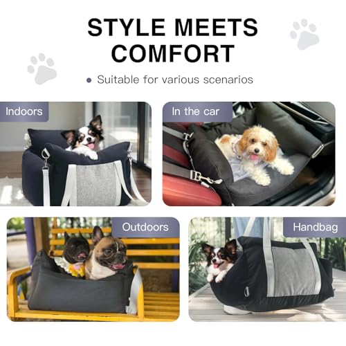 Pet Car Booster Seat for Small Dogs up to 25 lbs with Safety Straps, Storage Pockets, Travel Carrier Bed with Detachable Cover, Machine Washable (Black) - color: Black