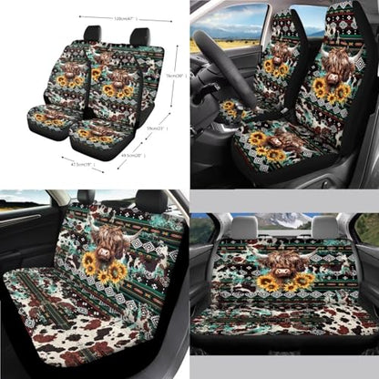 Wanyint Aztec Highland Cow 14-Pack Car Seat Cover Set, Including Steering Wheel, Auto Seatbelt Pads, Cup Coasters, Trash Can, Rear View Mirror Cover, Armrest, Gear Shift Knob - color: Aztec Highland Cow Sunflower