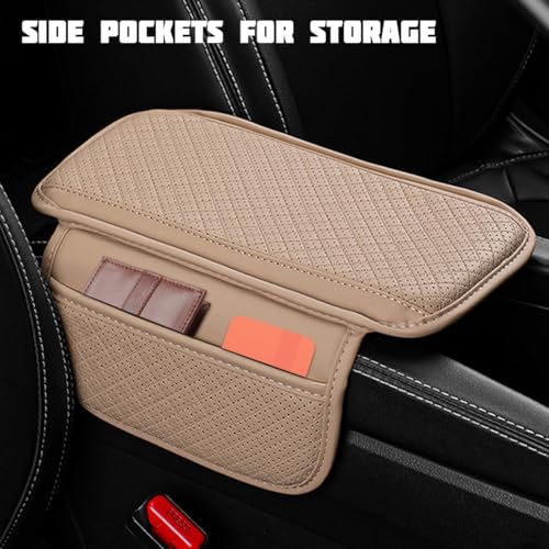 Car Center Console Cover, Leather Non Slip Vehicle Armrest Storage Box Cushion Pad with Storage Bags, Automotive Middle Console Protector, Universal for SUV RV Truck (Beige)