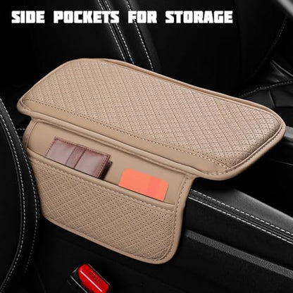 Car Center Console Cover, Leather Non Slip Vehicle Armrest Storage Box Cushion Pad with Storage Bags, Automotive Middle Console Protector, Universal for SUV RV Truck (Beige)