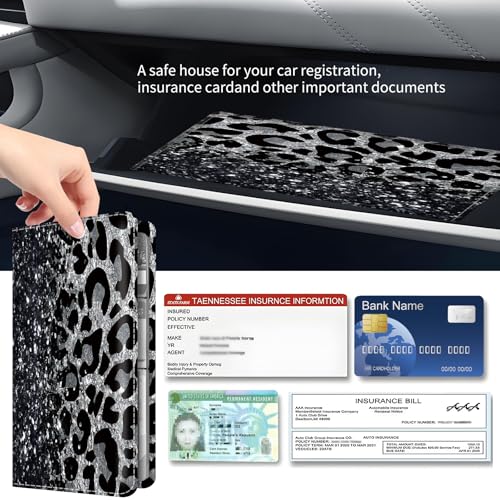 Premium Car Registration and Insurance Card Holder, Cute PU Leather Car Document Holder, Vehicle Glove Box Car Organizer with Magnetic Closure for Driver License, Cards Grey Glittery Leopard - color: Grey Glittery Leopard