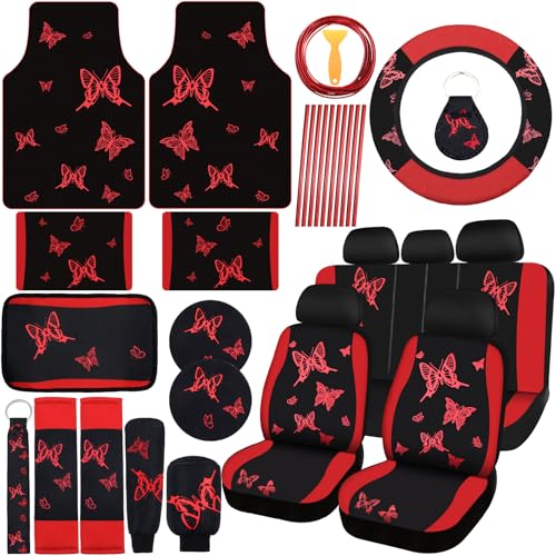 BBTO 47 Pcs Car Seat Full Set Car Accessories for Women 5 Front Rear Seat Covers Wrist Strap 2 Pieces Cup Mat Armrest Pad 2 Belt Cover Accessories for SUV(Red Black)