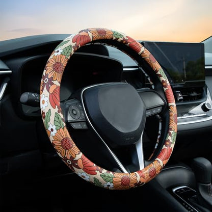 Sunflower Retro Steering Wheel Cover Auto Jacquard Steering Wheel Protector, Anti-Slip, Breathable, Absorbing Sweat, Universal Car Accessories 14.5–15 inch,Fit for Most Car, Trucks, SUV - style: Sunflower Retro