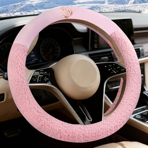 Pink Camellia Lambswool Steering Wheel Cover, for Universal Auto Steering Wheel 14.5-15 in, Lambswool Fabric, Anti-Slip, Soft Plush, Comforting and Luxurious, Embroidery Patterns, Soft Texture - color: Pink