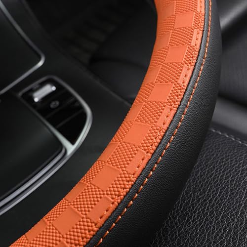 Car Leather Steering Wheel Cover - Panapi Material, Universal 14.5-15 Inch Leather Anti-Slip Breathable Auto Steering Wheel Covers for Men Women (Chessboard-Orange) - color: Chessboard-Orange