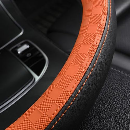 Car Leather Steering Wheel Cover - Panapi Material, Universal 14.5-15 Inch Leather Anti-Slip Breathable Auto Steering Wheel Covers for Men Women (Chessboard-Orange) - color: Chessboard-Orange