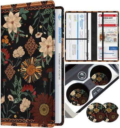Slohif Car Registration and Insurance Holder - Boho Vehicle Glove Box Organizer Women with Magnetic Shut Leather Automobile License Holders Coasters Auto Accessories Case for Document - color: Art Flowers
