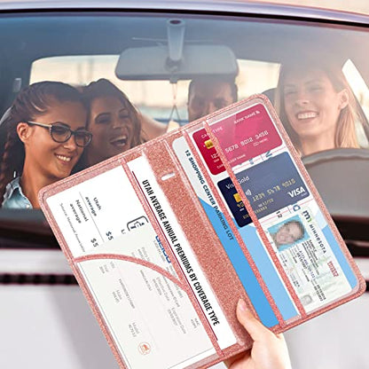 CoBak Car Registration and Insurance Holder - Vehicle Glove Box Car Organizer,Auto Truck Comparment Accessories Case with Magnetic Closure for Essential Document,Driver License,Cards - color: L-Glitter Rose Gold