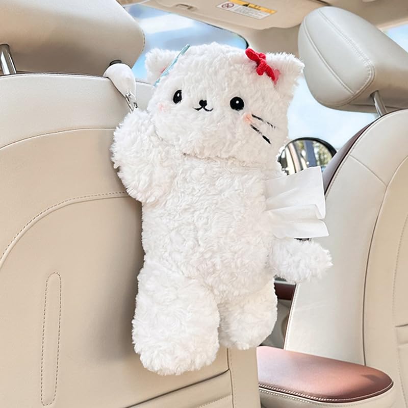 Cute Cat Car Tissue Holder Plush Kitten Paper Box for Backseat Adorable Hanging Organizer & Decor for Women Pet Lovers & Gifts (Black)