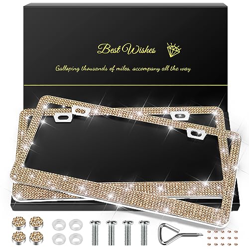 QUANQIUFEI 2 Pack Bling License Plate Frames for Women, Sparkly Rhinestone Diamond Car Accessories with Glitter Crystal Caps (Champagne) - color: Champagne