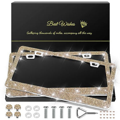 QUANQIUFEI 2 Pack Bling License Plate Frames for Women, Sparkly Rhinestone Diamond Car Accessories with Glitter Crystal Caps (Champagne) - color: Champagne