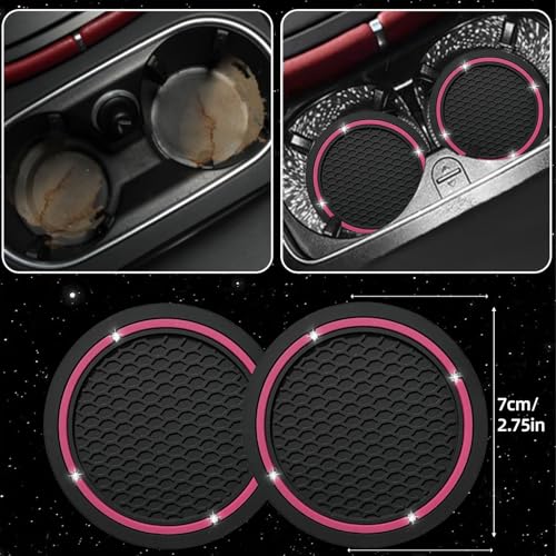 NBTEPEM 6 PCS Bling Car Accessories Set, Leather Steering Wheel Covers Universal 14.5-15 inch, Center Console Cover, Seat Belt Cushion, Cup Holder Coaster (Pink) - color: Pink