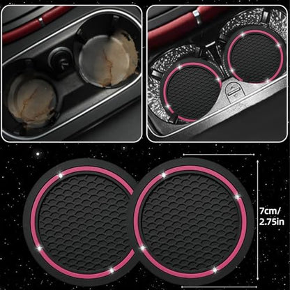 NBTEPEM 6 PCS Bling Car Accessories Set, Leather Steering Wheel Covers Universal 14.5-15 inch, Center Console Cover, Seat Belt Cushion, Cup Holder Coaster (Pink) - color: Pink