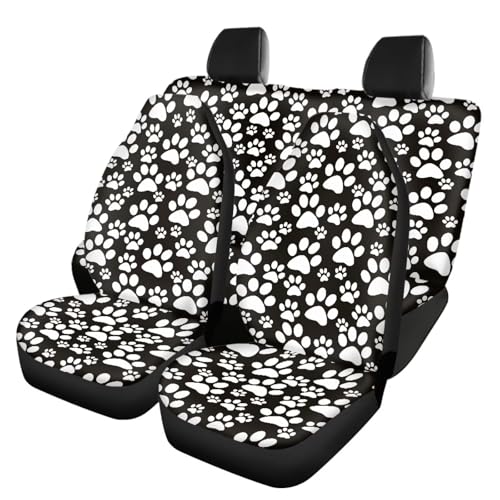 Dog Paw Print Car Seat Covers Full Set 4 Pieces White Dog Paw Car Accessories Auto Front Rear Seat Cover Split Bench Back Protector Automotive Cushion Pads Universal Fit for Cars Truck SUV - color: Dog Paw Print