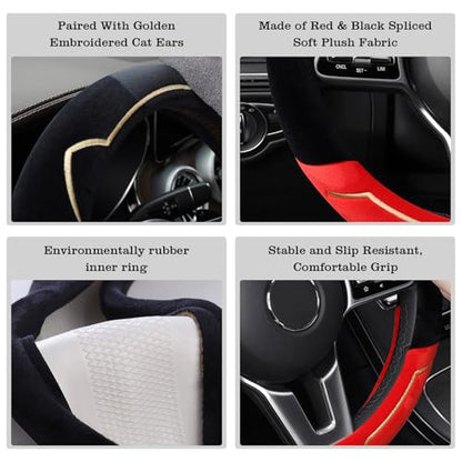 Cat Ears Plush Steering Wheel Cover,Universal 14.5-15 Inch Winter Plush Warm Steering Wheel Cover, Soft Fluffy, Anti-Slip Design, Soft Texture (Black+Red) - color: Cat Ears