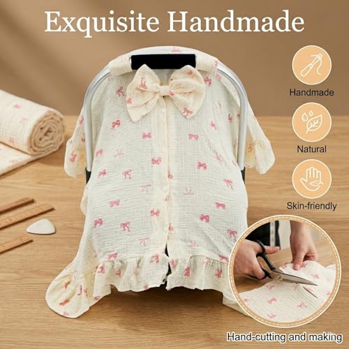 Baby Car Seat Cover for Girls,100% Muslin Cotton Breathable Infant Car Seat Canopy with Cute Bow & Elegant Ruffle, 360° Privacy Nursing Cover, Stroller Cover Protection from Sunlight Dust - color: Bow