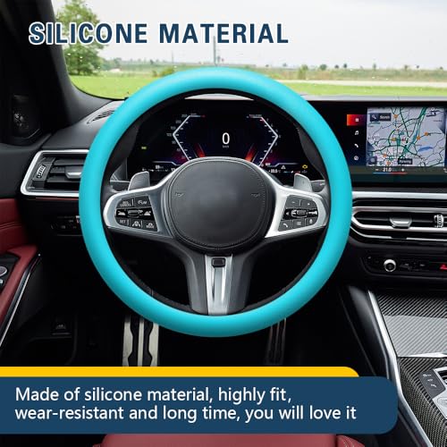 Car Steering Wheel Cover, 13 to 14.17 inches Non-Slip Silicone Steering Wheel Protector, Car Accessories Thin Soft Leather Texture Steering Wheel Protective Cover for Most Cars (Sky Blue) - color: Sky Blue