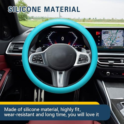 Car Steering Wheel Cover, 13 to 14.17 inches Non-Slip Silicone Steering Wheel Protector, Car Accessories Thin Soft Leather Texture Steering Wheel Protective Cover for Most Cars (Sky Blue) - color: Sky Blue