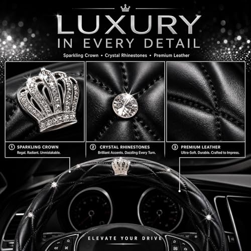 Bling Rhinestone Car Steering Wheel Cover for Women,PU Leather Crystal Diamonds Crown Steering Wheel Covers Non-Slip Universal 15"/38 cm (Crown) - color: Crown