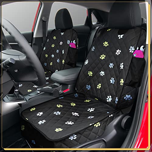 Front Seat Dog Cover for Cars Trucks SUV Waterproof Scratchproof Nonslip Full Protection Pet Dog Car Seat Covers Cute Paw Print Front Passenger Chair Protector for Travel Bed Safety(Black)