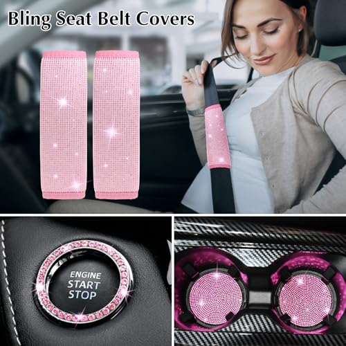 ARTILAURA 11 PCS Bling Car Accessories Set for Women Steering Wheel Covers Butterfly Hanging Seat Belt Cover Air Vent Clips Coasters Cute Glitter Diamond AUTO Accessories Kit (Pink) - color: Pink