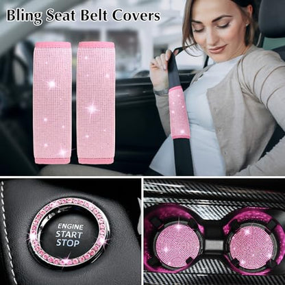 ARTILAURA 11 PCS Bling Car Accessories Set for Women Steering Wheel Covers Butterfly Hanging Seat Belt Cover Air Vent Clips Coasters Cute Glitter Diamond AUTO Accessories Kit (Pink) - color: Pink