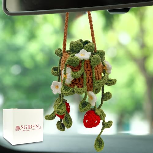 Crochet Hanging Plant for Car,Car Decorations Interior,Plant Aesthetic Car Accessories for Women Interior Cute,Car Ornaments Charms for Rear View Mirror,Boho Car Decoration Gifts - color: Brown Basket(olive Green Leaves)