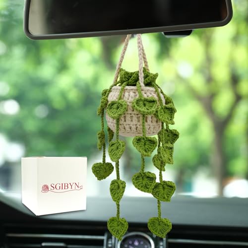 Crochet Hanging Plant for Car,Car Decorations Interior,Plant Aesthetic Car Accessories for Women Interior Cute,Car Ornaments Charms for Rear View Mirror,Boho Car Decoration Gifts - color: Heart-shaped Leaves