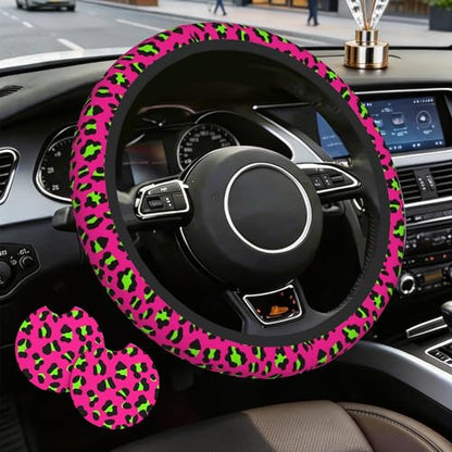 Pink Leopard Steering Wheel Cover,Pink Cheetah Leopard Universal 15" Elastic Car Steering Wheel Cover with 2 PCS Car Coasters,Anti-Slip Breathable Accessories for Auto,SUVs,Truck - color: Pink Leopard