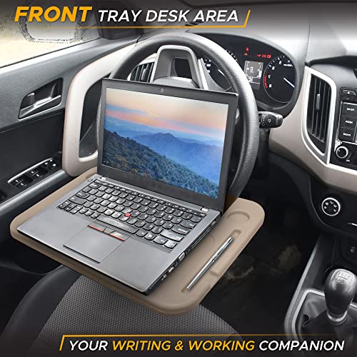 EcoNour 2 in 1 Car Steering Wheel Desk (Beige) | Steering Wheel Tray for Laptop, Eating, Drinks | Rectangular ABS Car Tray with Pen Holder & Cup Holder - size: Medium-Beige