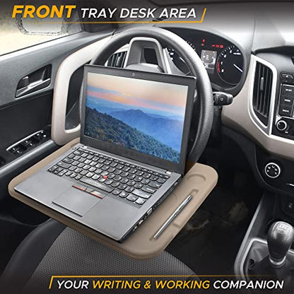 EcoNour 2 in 1 Car Steering Wheel Desk (Beige) | Steering Wheel Tray for Laptop, Eating, Drinks | Rectangular ABS Car Tray with Pen Holder & Cup Holder - size: Medium-Beige