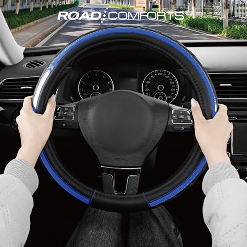 Road Comforts Leather Steering Wheel Cover – Black & Blue, Universal Fit 14.5-15 Inch, Microfiber Leather, Anti-Slip & Breathable Design for Men and Women - color: Blue