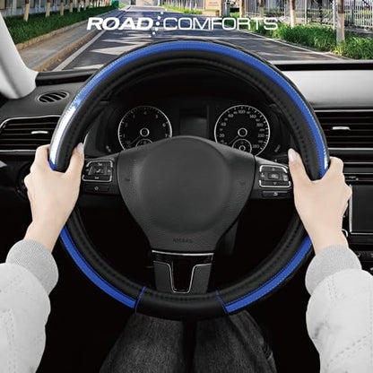 Road Comforts Leather Steering Wheel Cover – Black & Blue, Universal Fit 14.5-15 Inch, Microfiber Leather, Anti-Slip & Breathable Design for Men and Women - color: Blue