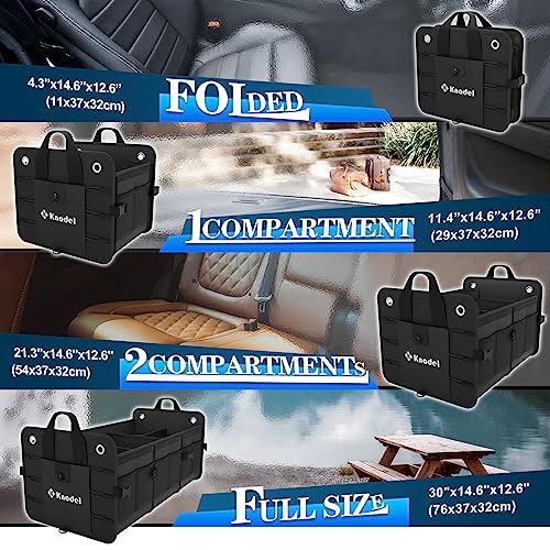K KNODEL Car Trunk Organizer, Foldable Cover, Heavy Duty Collapsible Truck Storage Organizer, Car Cargo Trunk Organizer with Lid, 3 Compartments, with Straps (Black)