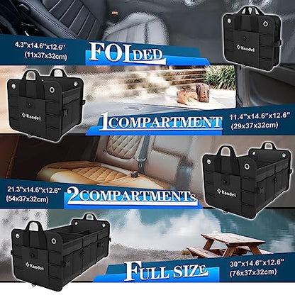 K KNODEL Car Trunk Organizer, Foldable Cover, Heavy Duty Collapsible Truck Storage Organizer, Car Cargo Trunk Organizer with Lid, 3 Compartments, with Straps (Black)