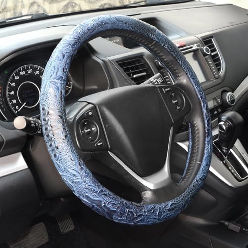 Car Steering Wheel Cover Universal 15 Inch Middle Size Auto Anti-Slip Leather Wheel Protector with Flower Grain Design Blue Style - color: Blue