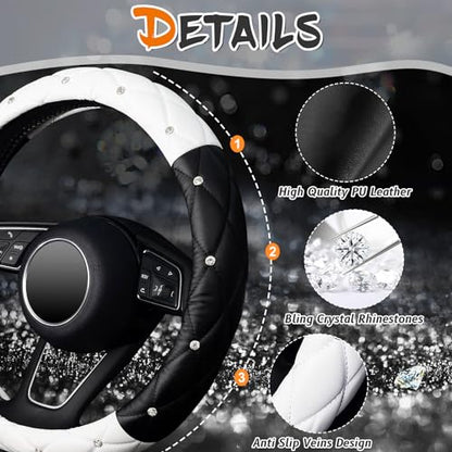 KAFEEK Diamond Soft Leather Steering Wheel Cover with Bling Bling Crystal Rhinestones, Universal 15 inch, Black White - color: Black and White, size: Medium(Standard) Size[14.5"-15"]