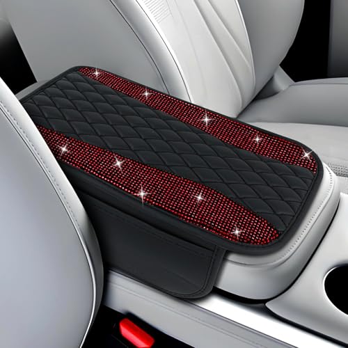 wuyaoyao Bling Leather Car Center Console Cover, 12.2"×7.5" Crystal Rhinestone Arm Rest Cover for Cars, Bling Auto Armrest Protector with 2 Side Pockets, Interior Car Accessories (Red) - color: Red