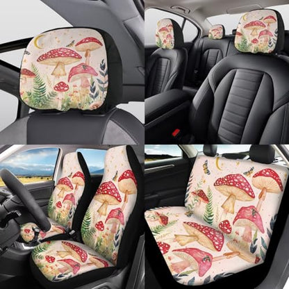 Mushroom Car Seat Cover Set for Front and Rear Cute Auto Interior Accessories Steering Wheel Covers Set Armrest Pad Headrest Covers Handbrake Gear Cover Cup Holder Universal Fit - color: Mushroom