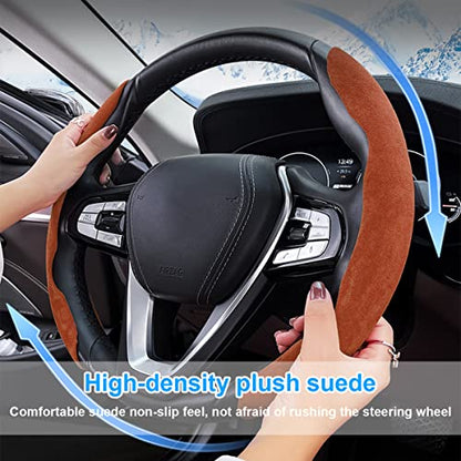 Car Steering Wheel Cover, Microfiber Suede Leather and Carbon Fiber Double Sided Design, Warm in Winter and Cool in Summer, Breathable Non Slip Segmented Protector for Most Cars (Turn Fur/Brown) - color: Turn Fur/Brown