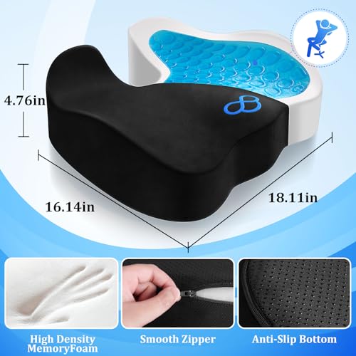 Seat Cushion, Gel Chair Cushions, Office Chair Cushions, Anti-Slip Bottom & Removable Cover Tailbone Pain Relief Cushion, Memory Foam Seat Cushion for Office, Wheelchair, Car (Black)