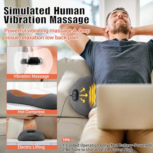 3-in-1 Electric Lumbar Support Pillow with Heat, Vibration and Traction, Triple Fusion Low Back Massager for Pain Relief Deep Tissue, Ergonomic Memory Foam Lumbar Support Massager for Car/Bed/Office