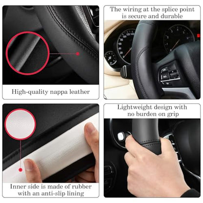 Black Car Steering Wheel Cover, Nappa Leather, Bottom Color Blocking, Fashionable Sporty Style, Universal 14.5-15 Inch Leather Anti-Slip Breathable Auto Steering Wheel Covers for Men Women - color: Black