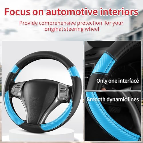 Non-Slip Car Nappa Leather Steering Wheel Cover,Universal Car Accessories Women Men Fit 14" 1/2-15" Suvs/Vans/Sedans/Cars/Trucks,Light Blue - color: Black Light Blue