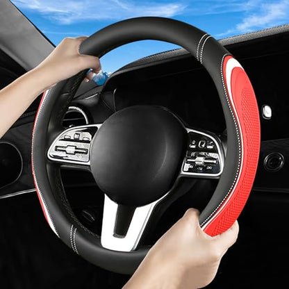 Leather Splicing Black Red White Car Steering Wheel Cover,14.5-15 Inch Universal Microfiber Leather Covers Breathable Anti-Slip Odorless Steering Wheels Accessories for Men Women - color: Leather Splicing - Black Red White