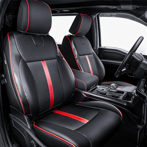Premium Faux Leather Seat Covers Custom Fit for Ford F150 SuperCrew XL XLT STX (2021–2026) & F250/F350/F450 Crew Cab XL XLT (2023–2026) - Fully Covered - Designed for 40/Console/40 Front Seats - color: Black-Red & Full Sets & Crew Cab, size: 21-26 F150 XL