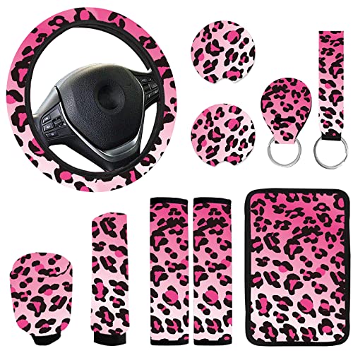10 Pieces Leopard Print Printing Car Steering Wheel Cover Center Console Armrest Pad Headrest Seat Belt Cover Handbrake Cover Keychain Coaster Full Set Car SUV(Pink) - color: Pink